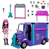 Monster High Koncertowy Food Truck + Lalka Zestaw dla dzieci od 4 lat z rozkładaną sceną oraz ponad 13 akcesoriami z motywem muzyki i jedzenia, HXH83