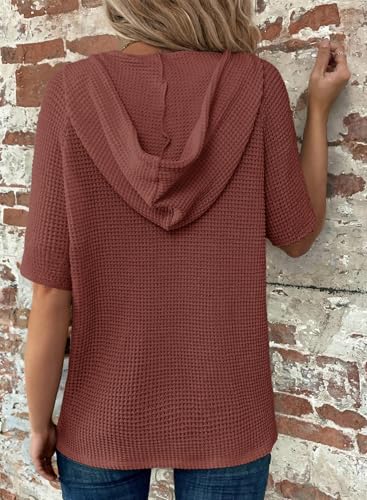 Image of Dokotoo Womens Summer Tops Waffle Knit Short Sleeve Lightweight Drawstring Hoodies Button V Neck Casual Blouses Shirts