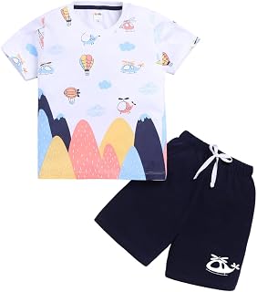 LITTLE NINJA Cotton Half Sleeves Helicopters Printed Coordinating Tee & Shorts Set - White & Navy Blue Price In India