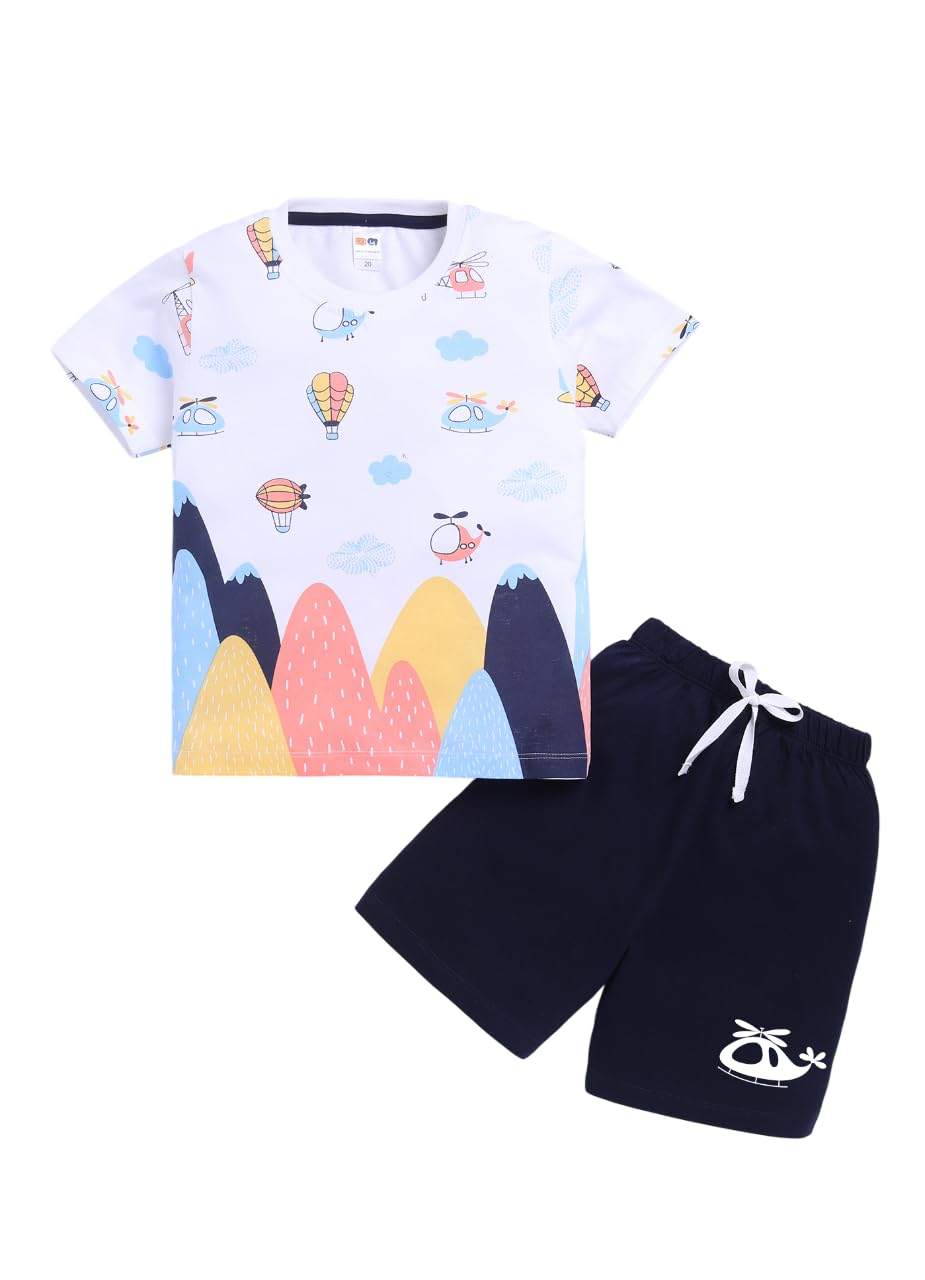 LITTLE NINJA Cotton Half Sleeves Helicopters Printed Coordinating Tee & Shorts Set - White & Navy Blue