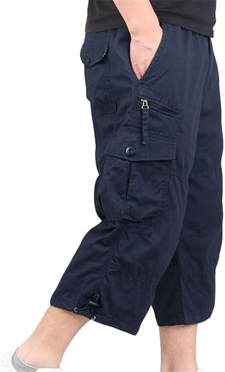 Capri Long Twill Cargo Shorts for Big Tall Men Classic Cotton Below Knee Short Relaxed Fit Casual Multi-Pocket Shorts