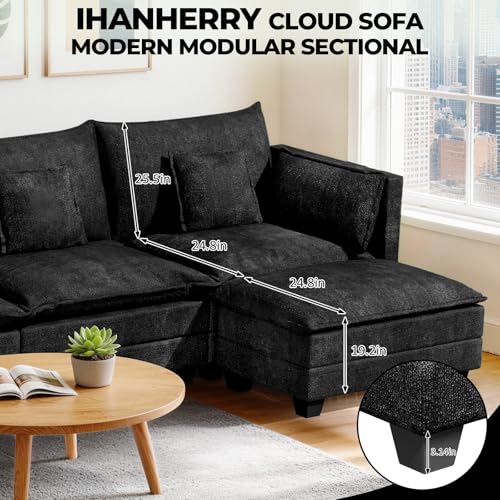 Image of LEVELEVE 112.5 inch L-Shape Modular Sofa with 1 Ottomans, Deep Seat Cloud Convertible Sleeper, 3 Throw 2 Arm Pillows, Comfortable Upholstered Furniture for Living Room Apartment, Black