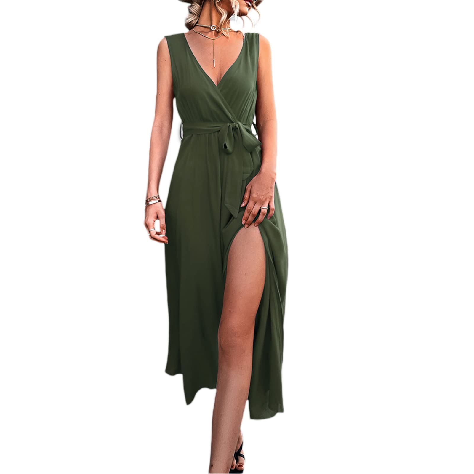 RouyamiaoWomen's Deep V Neck Sleeveless Dress Solid Color Cross Strap High Waist Warp Slit Dress