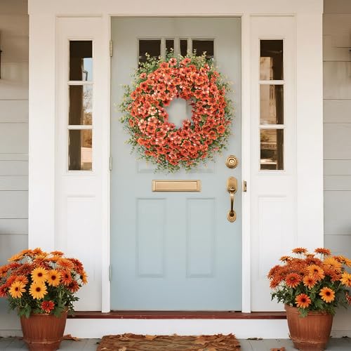 Image of 26 inch Large Artificial Silk Flower Eucalyptus Wreath for Outdoor(Fall Orange) | Large Silk Wreath, Faux Starry Sky Morning Glory Flowers&Eucalyptus Leaves, for Porch /Wall /Window /Farmhouse /Autumn Decoration
