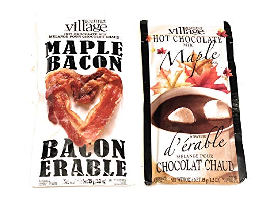 Gourmet Du Village Hot Chocolate Packets Bundle of Two Maple Flavors: Two packets each of Maple and Maple Bacon (4 Packets)