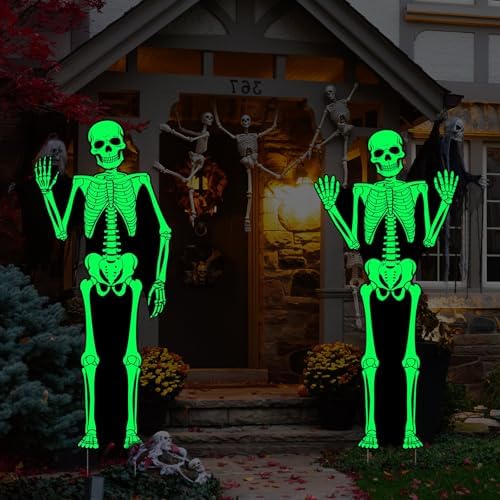 511jAy3VQ+L._AC_ Bucherry 4 Stück im Dunkeln leuchtende Skelette, Halloween-Hofschilder mit Pfählen, leuchten im Dunkeln, Halloween-Dekorationen, leuchtende Skelettpfähle für Hof für Garten, Rasen