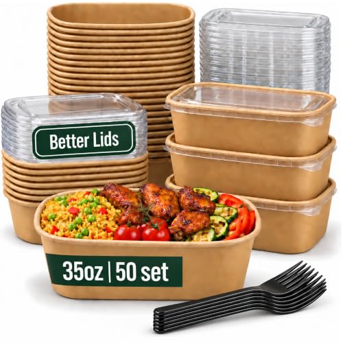 50 Pack 35oz Disposable Meal Prep Containers with Lids, Paper Food Bowls