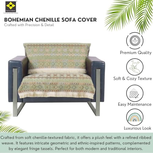 Image of Elegant Woven Green Sofa Cover - Soft Chenille Traditional Pattern with Lace Style | L-Shape Sectional Seat Protector for Living Room | Durable & Stylish Slipcover 1 Seater