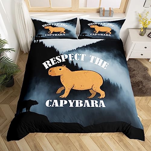Capybara Bedding Set Double for Kids Children Youth Bedroom Funny Rodent Animal Duvet Cover Smoky Mountain Comforter Cover Cartoon Boys Girls Kawaii Decor Quilt Cover with 2 Pillowcases