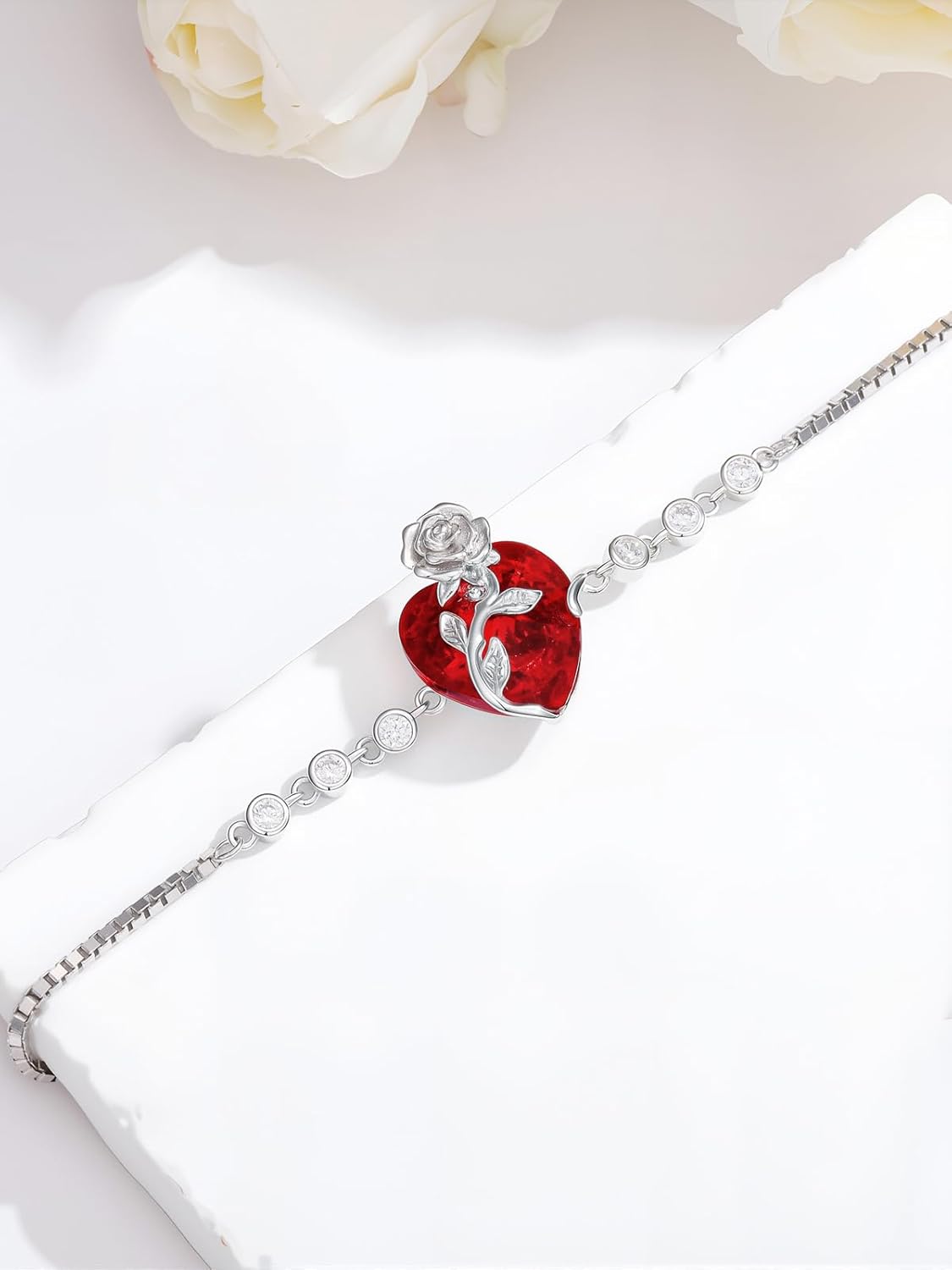 OCJ Birthstone Bracelet for Women 925 Sterling Silver Rose Flower Heart Tennis Bracelet Jewelry Anniversary Christmas Birthday Gifts for Women Wife Her Girlfriend - Image 6