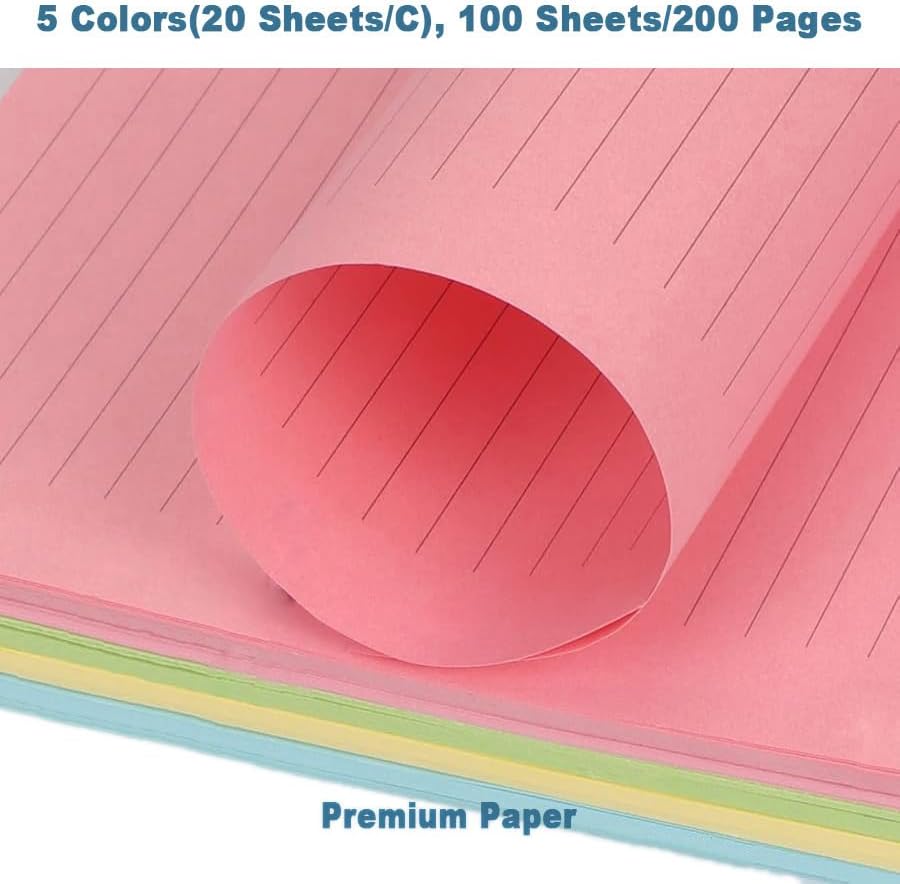 A5 Filler Paper, 6 Hole Colorful Refills, Lined Paper for 6 Ring Binder, 100 Sheets/200 Pages, 5-Color Refills Paper, Per Color 20 Sheets, Loose Leaf Planner Refill, 5.8 x 8.25 Inch image 5