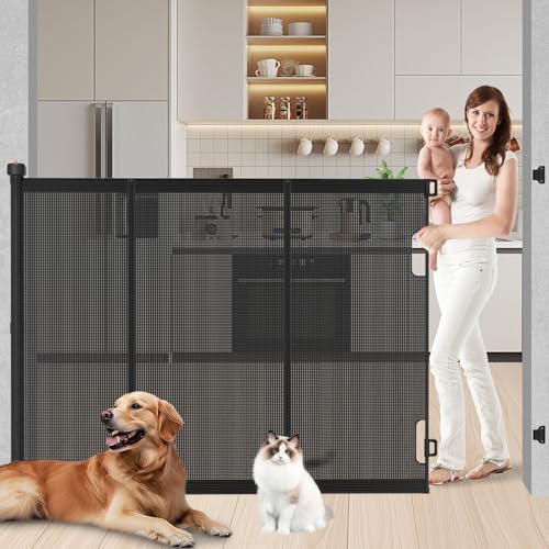 Extra Tall Retractable Baby Gates: 51 High Pet Gate Extend up to 71 Wide Mesh Baby Gate with Support Rods Jump-Proof Design for Cats & Large Dogs Tall Dog Cat Gate Indoor Outdoor Black