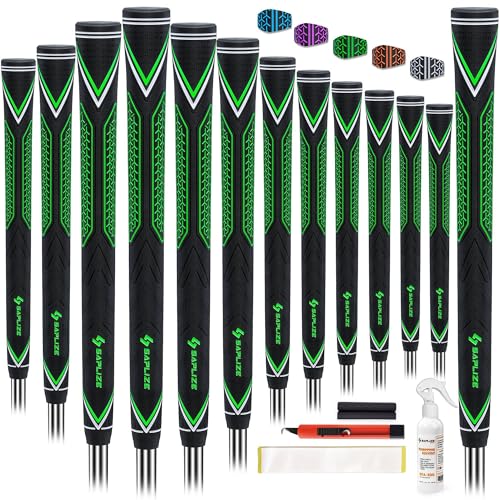 SAPLIZE High-performance Rubber Golf Grips 13 Pack, High Shock Absorption, Non-slip, Choose from 13 Grips with 15 Tapes or Full Regripping Kit, Std/Mid/Jumbo, CC10 Series, Midsize, Green