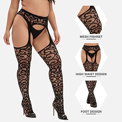 MANZI Plus Size Stockings Thigh High Fishnet Stockings Suspender Patterned Tights for Women (Pack of 2)2