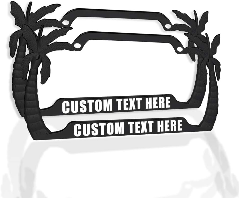Speedy Pros Palm Tree License Plate Frame Custom Personalized Text Metal Weatherproof Car Accessories License Plate Holder Black 2 Holes Set of 2