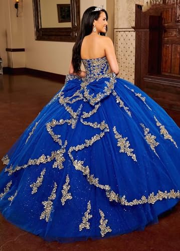 Gold Lace Appliques Quinceanera Dresses Puffy Strapless Tulle Prom Dresses Glitter Beaded Ball Gown with Bow3