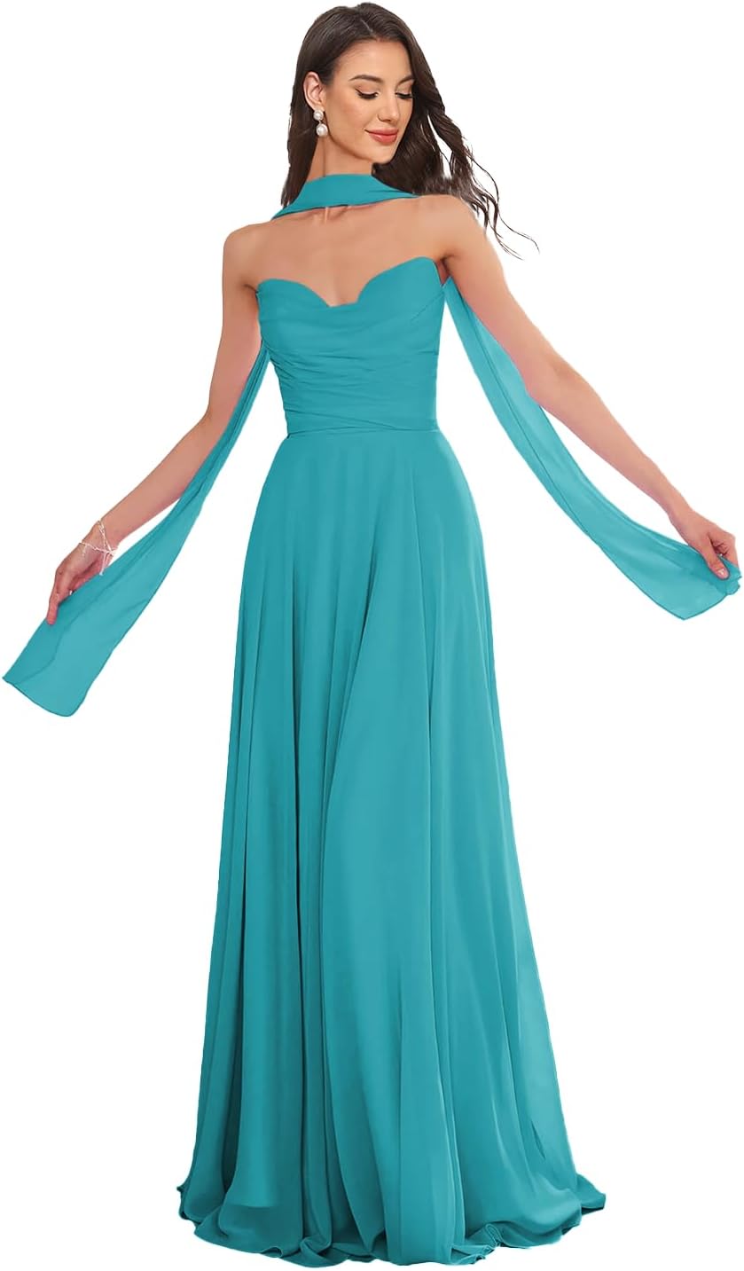 Elegant Strapless Prom Dress with Scarf Chiffon Pleated A Line Long Sweetheart Neck Bridesmaid Dresses for Women