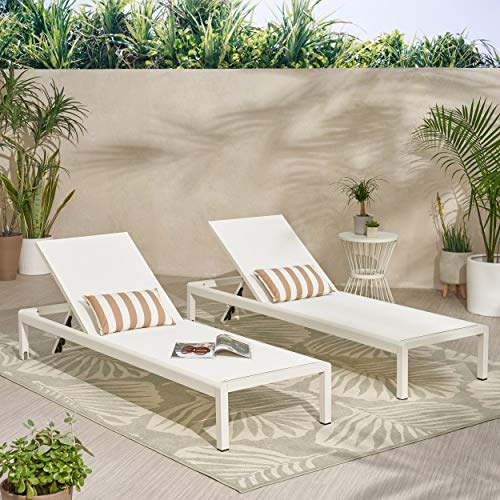Christopher Knight Home Cynthia Outdoor Chaise Lounge (Set Of 2), White,1 Count(Pack Of 2) & California Umbrella 9' Round Aluminum Market Umbrella, Crank Lift, Collar Tilt, White Pole, White Olefin #TOP2