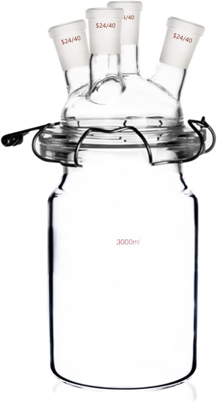24/40 Glass Cylindrical Reactor 4-Neck Flat Bottom Lab Reaction Vessel Four Necks W/Lid and Clamp