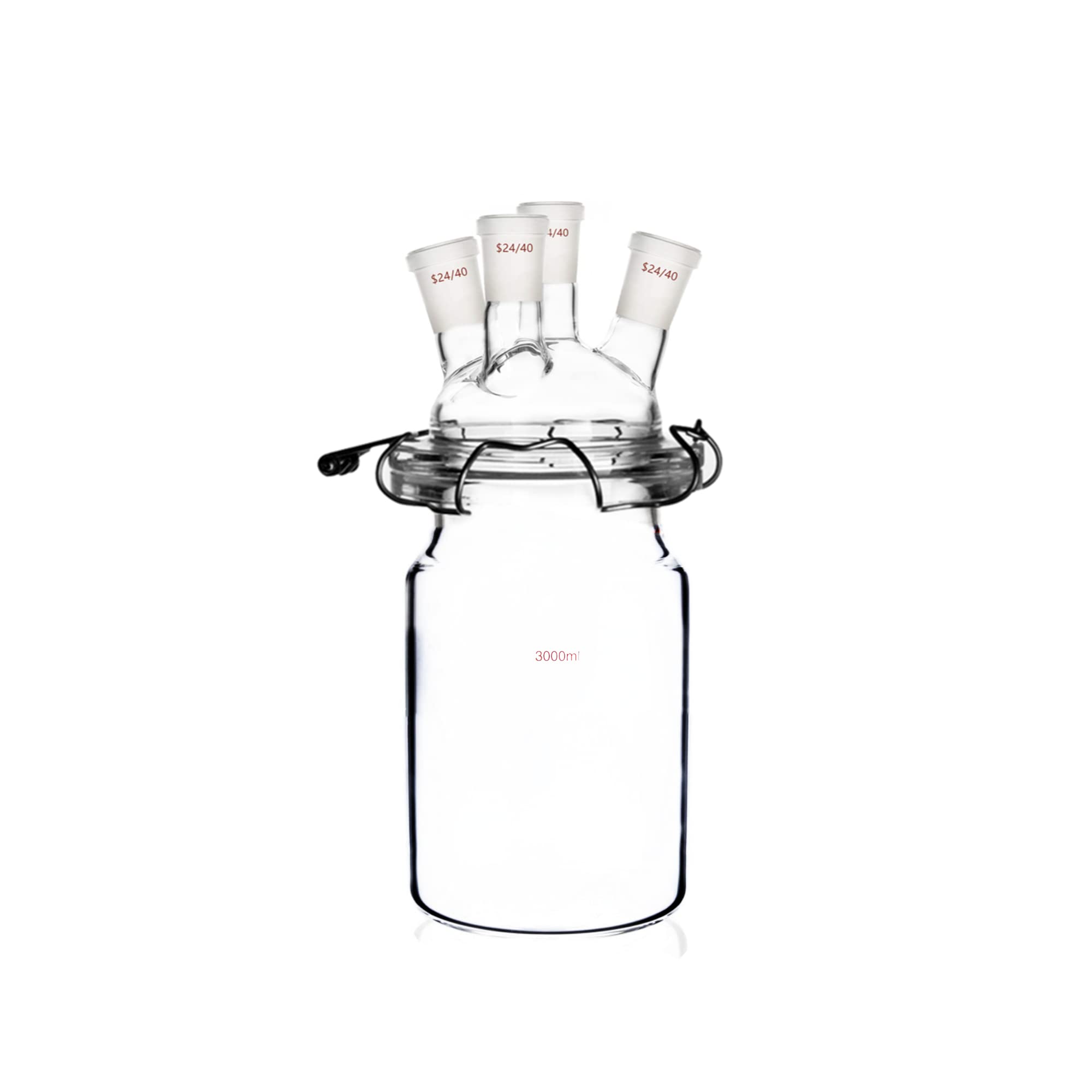 24/40 Glass Cylindrical Reactor 4-Neck Flat Bottom Lab Reaction Vessel Four Necks W/Lid and Clamp