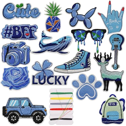 Image of 16 PCS Kawaii Blue Cartoon Iron On Patches Embroidered Sew on Applique Stickers Patches for Coat Uniforms Pants Backpacks Hat DIY Decoration Bags Jackets Clothes Jeans Dress Vests