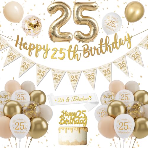 Décoration Anniversaire 25 Ans Femme - Ballons Blanc Or, Confettis Latex, Bannière Joyeux Anniversaire