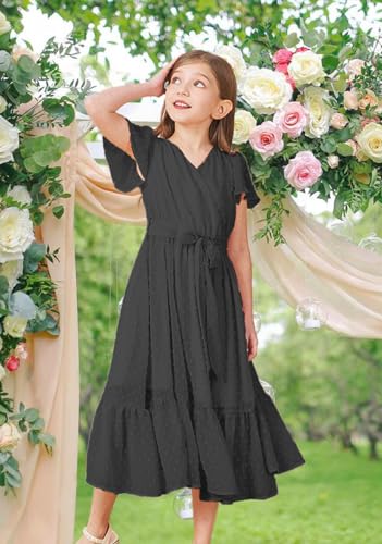WIFFGO Girls Bohemian Dresses Flying Cap Sleeve V Neck Belt Calf Long Maxi Pleated Flowy Dresses for Girls Black - Thumbnail 3