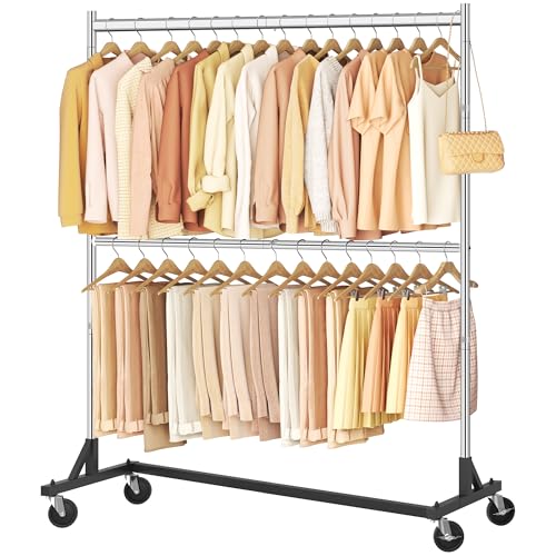 Image of Hoctieon Double Rod Z Rack, Rolling Clothes Racks with Z-Base, Adjustable Clothing Rack, Standing Clothes Rack, Metal Clothing Racks for Hanging Clothes, Portable Garment Rack, Chrome