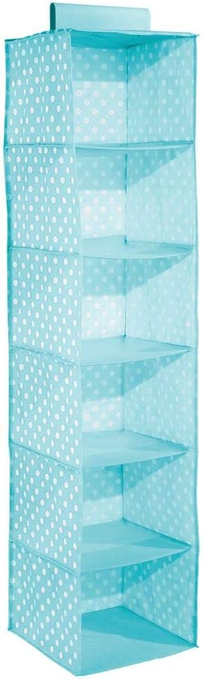 mDesign Soft Fabric Over Closet Rod Hanging Storage Organizer with 6 Shelves for Child/Kids Room or Nursery - Polka Dot Pattern - Turquoise Blue with White Dots