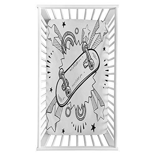 Image of Doodle Fitted Crib Sheet,Sketch of a Skateboard with Sixties and Seventies Style Pop Art Inspired Background Microfiber Silky Soft Toddler Mattress Sheet Fitted,28"x 52"x 8'',Baby Sheet for Boys Girls