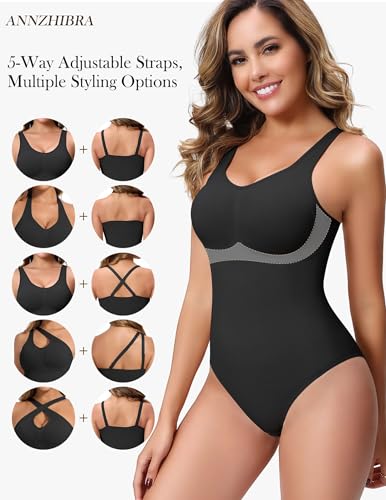 Image of Shapewear Bodysuits with Built in Bra Tummy Control Body Shaper | V Neck Wide Straps Compression Cami Faja Body Shaper with Crotch Hooks
