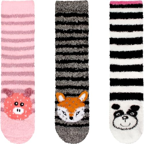 Image of BambooMN Super Soft Warm Cute Animal Face Non-Slip Fuzzy Crew Winter Home Socks, Value Pack
