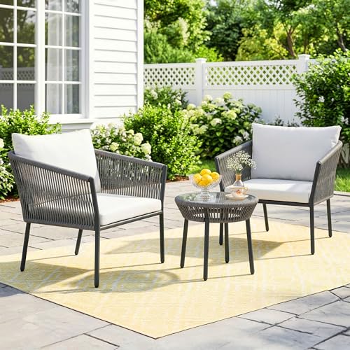 Image of DEVOKO 3 Piece Patio Rope Set Outdoor Woven Rope Conversation Balcony Furniture With Glass Top Table And Cushioned Chairs For Garden (Grey And White), (76 X 89 X 65Cm)