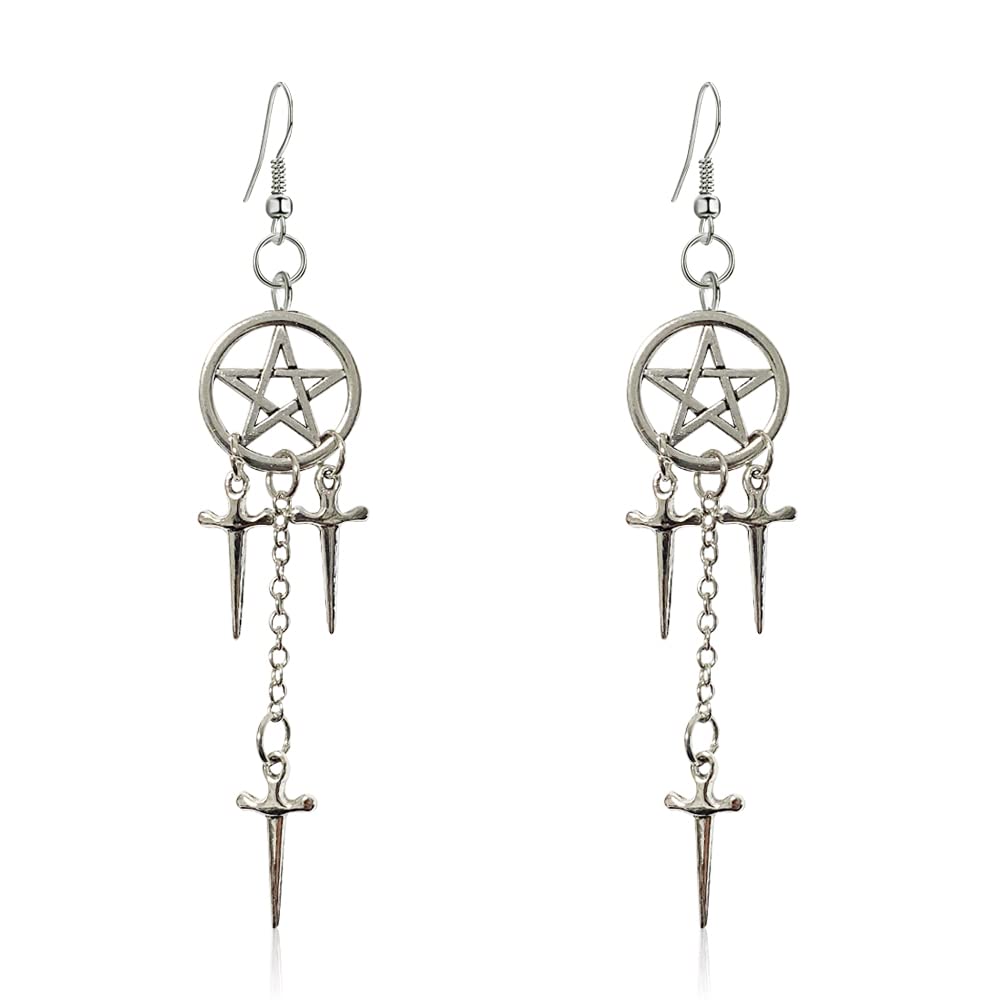 KVANU Unique Vintage Silver Moon Star Sun Dangle Drop Earrings Dainty Creative Retro Flame Cross Dangle Earrings for Women Men Statement Personalized Ethnic Jewelry Gifts