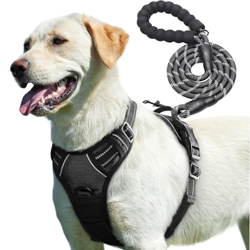 PetBuds Arnés ajustable sin tirones para perro, con correa de 5 pies, transpirable y duradero para todas las razas (color negro, talla L)