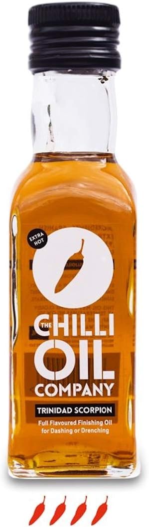 Trinidad Scorpion Chilli Oil, 125ml - Hot Sauce with Spanish Extra Virgin Olive Oil & Taiwanese Trinidad Scorpion Chillies - Spicy Sauce Seasoning for Cooking & More by The Chilli Oil Company