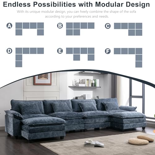 IPKIG 152\" Oversized Modular Sectional Sofa Cloud Couch, Chenille Large U-Shaped Couch Comfy Upholstered 4-Seat Sofa with 2 Ottoman, 4 Lumbar Pillow, Deep Seat Couch for Living Room (Blue)