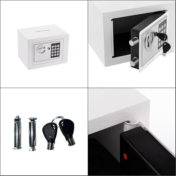 Small Safe Box With Digital Keypad & Keys - 9.05 x 6.7 x 6.7 Inches Wall Safe 0.23 Cuft Mini Security Lock for Coin Home Office Hotel Rooms Business Jewelry Gun (White) by ELLAIG - Used condition - Image 6