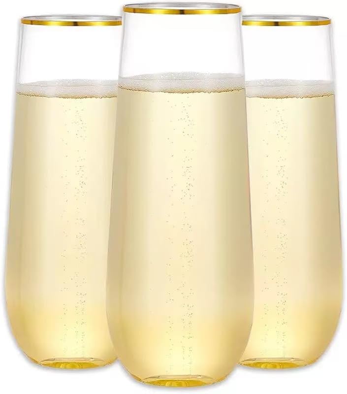 10 Pack Stemless Plastic Champagne Flutes 9oz Clear Gold Rim, Heavy Duty, Shatterproof, Disposable & Reusable Toasting Glasses Ideal for Wedding Party Birthday