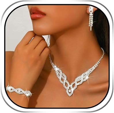 Sixexey Rhinestone Bridal Wedding Jewelry Set Silver Prom Jewelry Accessories for Women