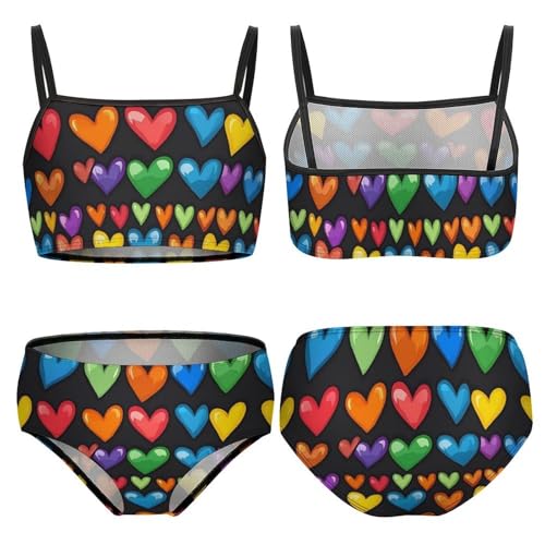 Rainbow Love Heart Print Girls Swimsuits Two Piece Bikini Sets Beach Sport Swimwear Bathing Suit3