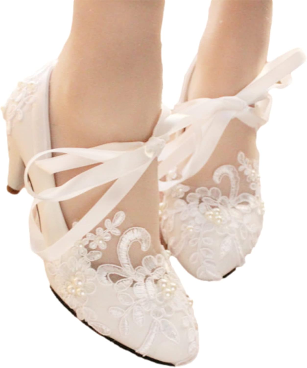 ANUFER Womens Elegant Lace Embroidery Flat/Heeled White Wedding Shoes Pumps with Pearls