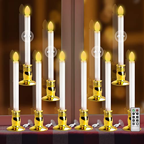 Zmygolon Set Of 10 Battery Operated Led Windows Candles With Remote Timer, Removable Gold Candle Holder And Suction Cups, Flickering Flameless Taper Candles For Christmas Home Wedding Decoration #TOP2