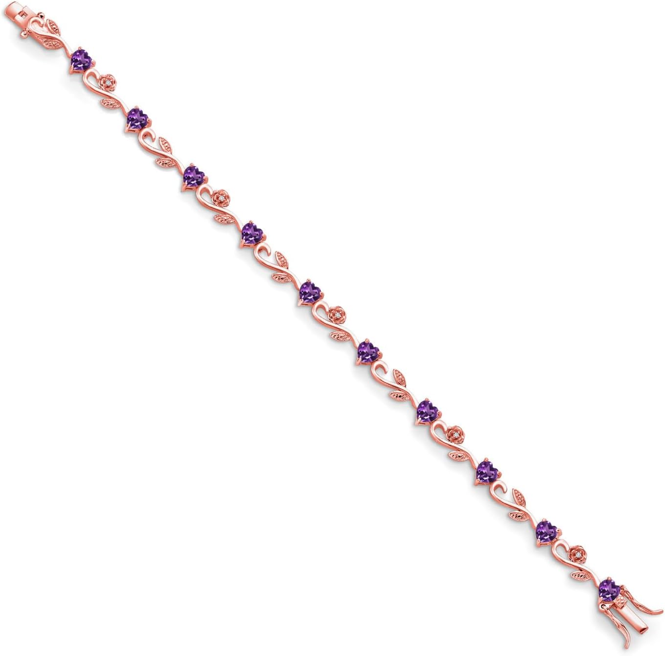 Gem Stone King Gemstone Birthstone and Lab Grown Diamond Greek Vine Flower Tennis Bracelet For Women in 18K Rose Gold Plated Silver | 5MM Heart Shape and 1MM Round Accents | 7.5 Inch Length | Fine