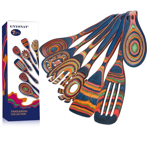 Pakkawood Blue Wooden Kitchen Utensil Set, 7-Piece Cooking Spoons, Non-Stick