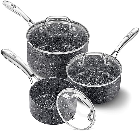 HLAFRG Kitchen Cookware Set, 3 Piece Saucepan Set with Glass Lids, Natural Durable Granite Coating, Nonstick Sauce Pan Set, Durable & Oven Safe to 450°F, Saucepans with Lids 1,2,3 Quart Set