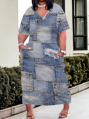 Image of SUZONANA Plus Size Denim Print Maxi Dresses for Women Casual V Neck Short Sleeve with Pockets Soft Jean Look Dress XL-6XL
