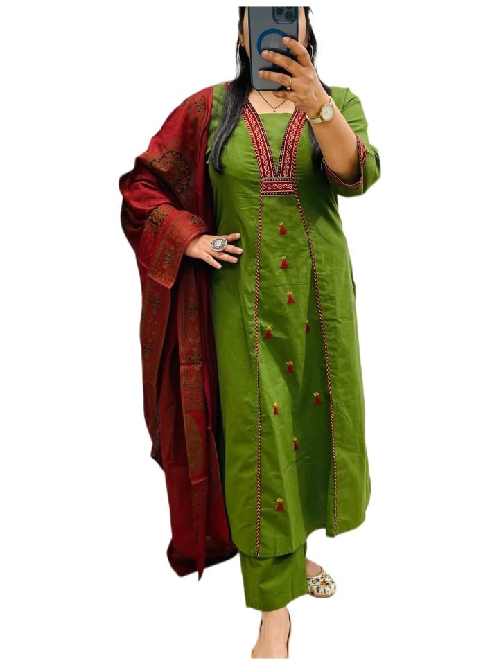 Image of ANNI Designer Navy Blue Pure Cotton A-Line Kurta Pant Dupatta Set for Women | Embroidery 3 Piece Suit with Straight Pants & Matching Dupatta | Festive Office Ethnic Wear