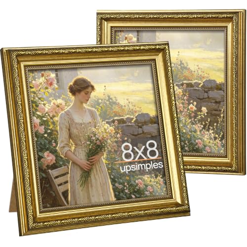 Image of upsimples Vintage 8x8 Picture Frame, Antique Gold Frames, 2 Pack | Gold Picture Frames, Fits 8 x 8 Photos, Elegant Vintage Design, Wall or Tabletop Decor, for Wedding or Family Memorie