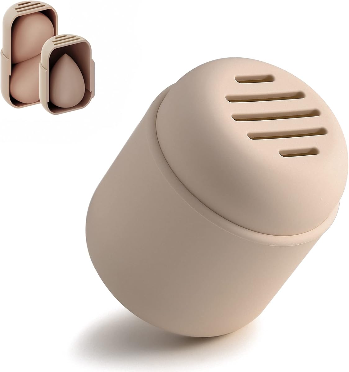 Makeup Sponge Holder, Silicone Beauty Sponge Case with Double-Sided Vent Design for Quick Drying, Compact Travel Essentials Make Up Puff Blender Container - Khaki